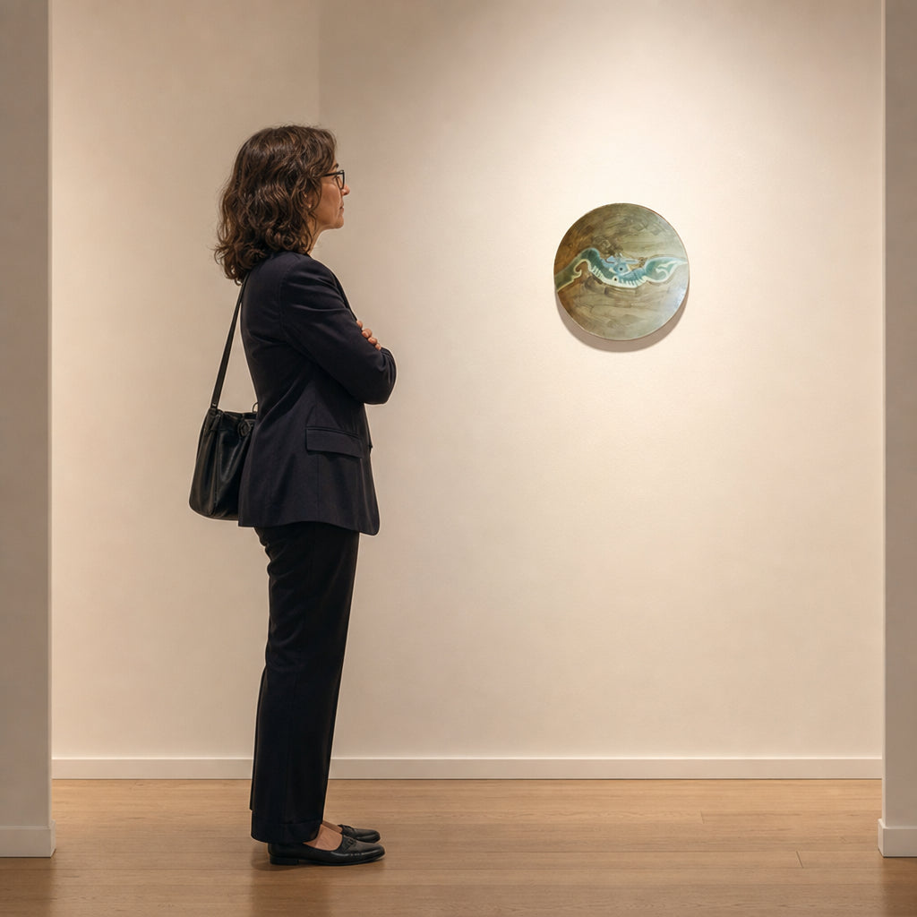 Round Ceramic Plate with Fish Motif - shown to scale
