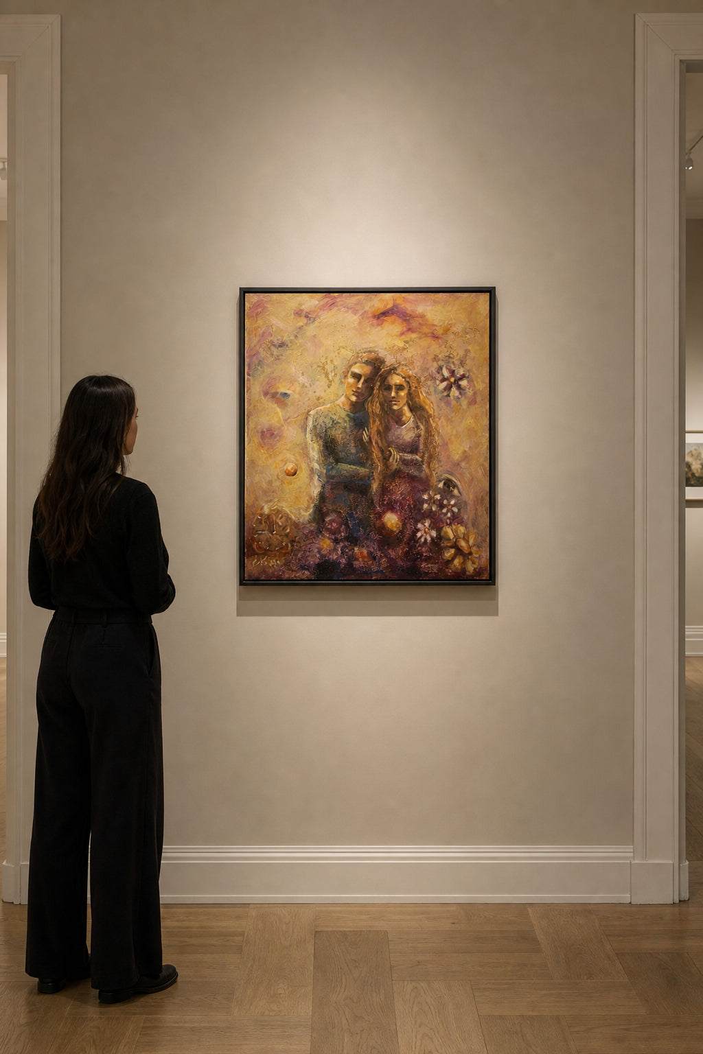 Couple Standing Among Flowers and Faces - shown to scale