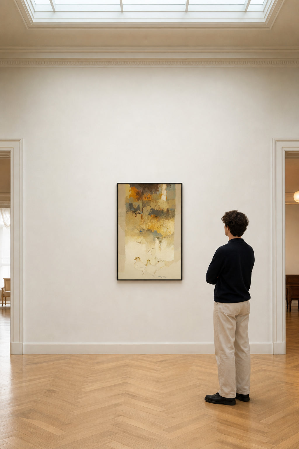 Two White Doves in Abstract Cityscape - shown to scale