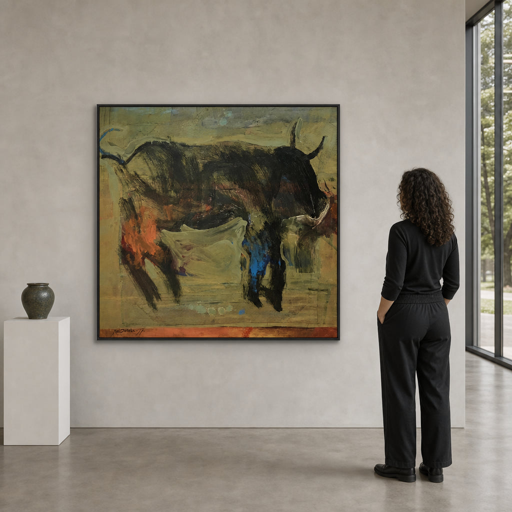 Dark Bull Standing on Muted Ground - shown to scale