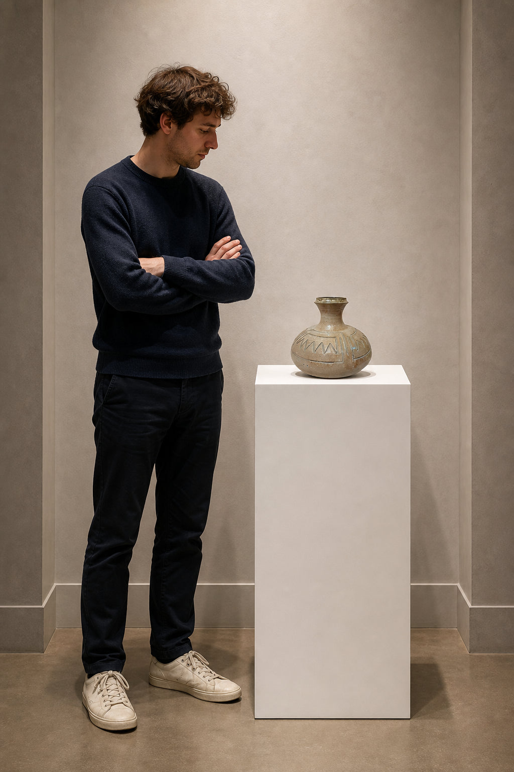 Glazed Ceramic Vase with Geometric Engravings - shown to scale