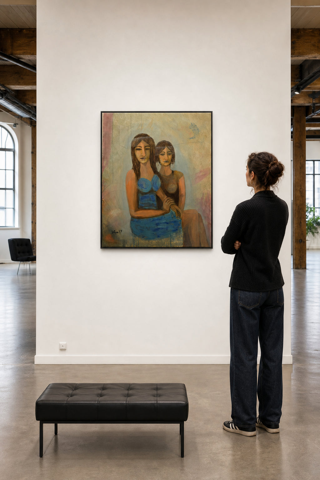 Two Women Seated Together - shown to scale