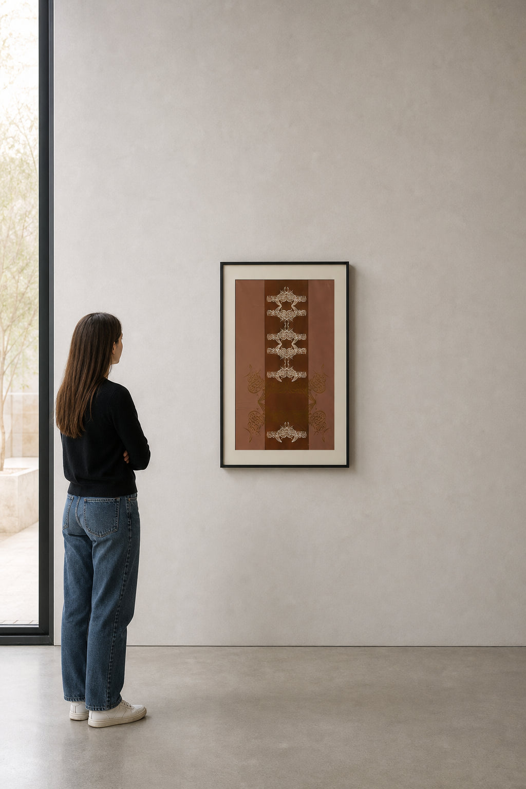 Repeating Arabic Calligraphy on Brown - shown to scale