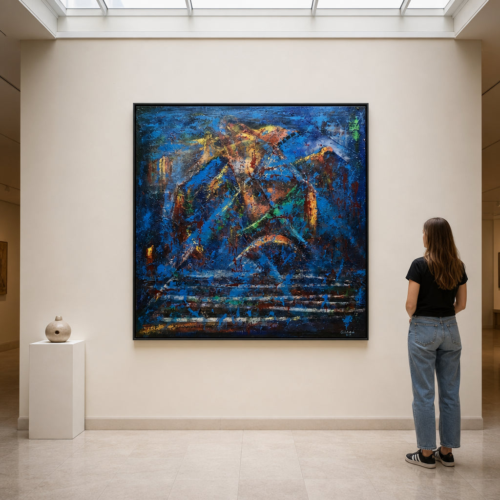 Blue Abstract Forms with Gold Accents - shown to scale