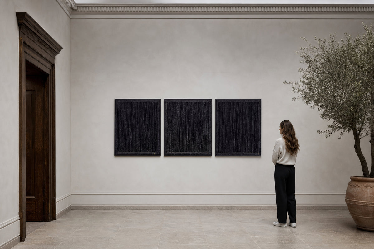 Dark Vertical Lines Triptych on Wood - shown to scale