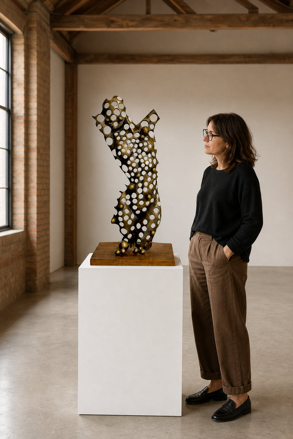 Perforated Bronze Female Torso Sculpture - shown to scale