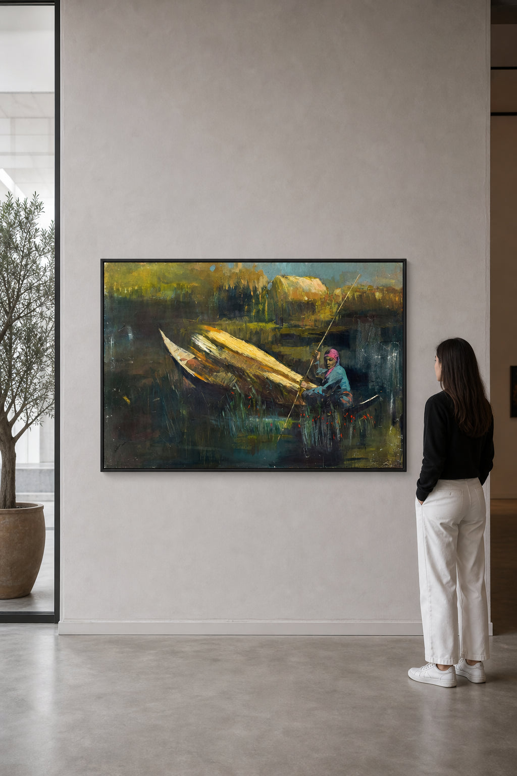 Woman Poling Boat Through Marshes - shown to scale