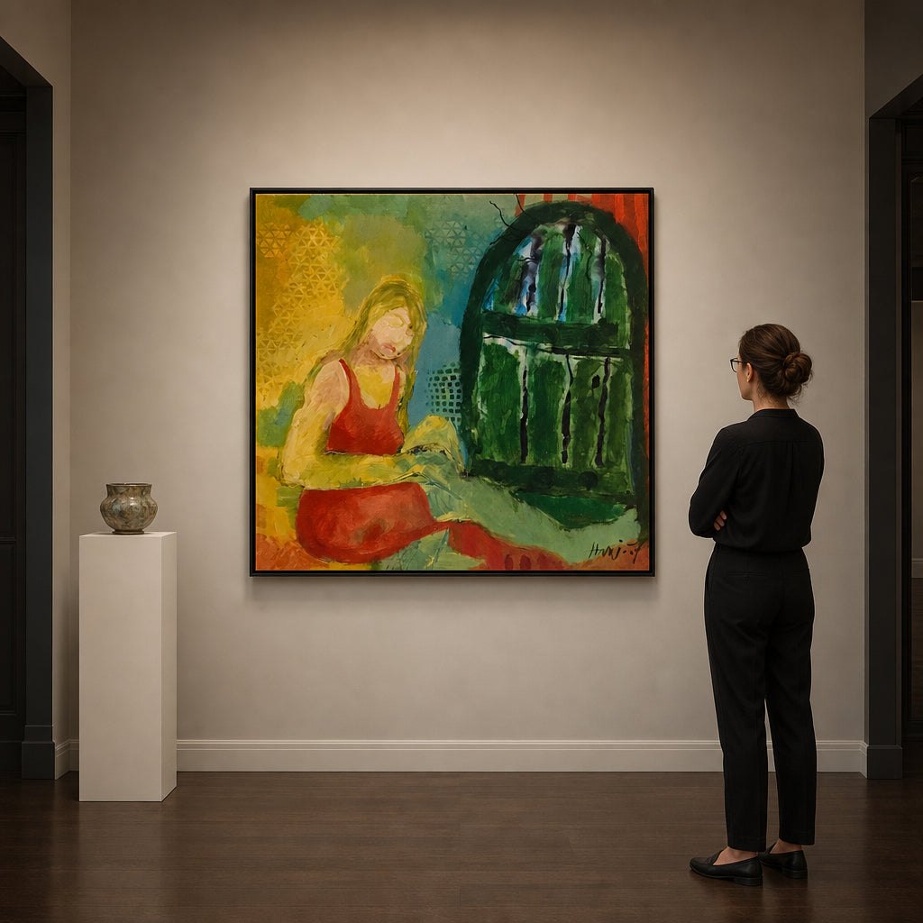 Woman Seated Beside Green Birdcage - shown to scale