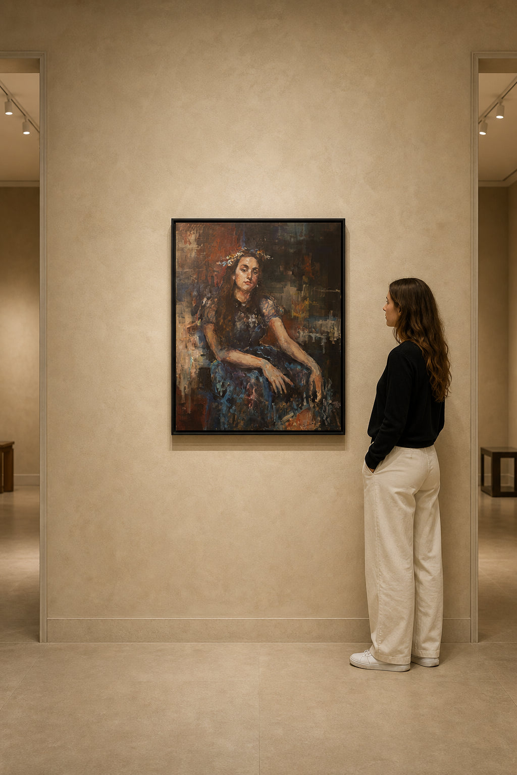 Seated Young Woman with Flower Crown - shown to scale