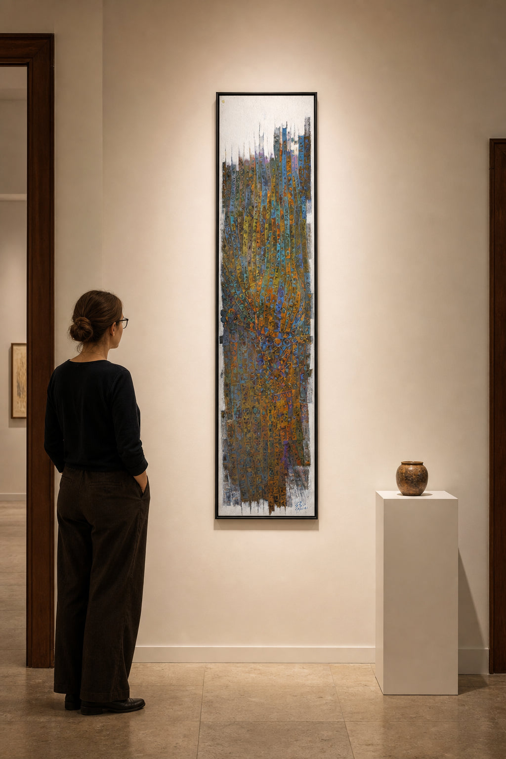 Vertical Abstract Textured Patterns in Blue Orange - shown to scale