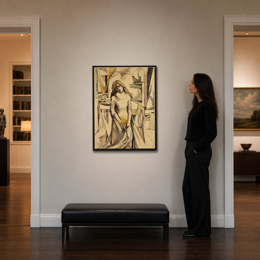 Woman Holding Yellow Flower with Bird - shown to scale