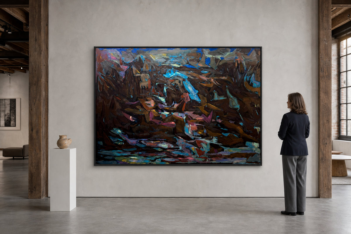 Dark Abstract Landscape with Blue Accents - shown to scale