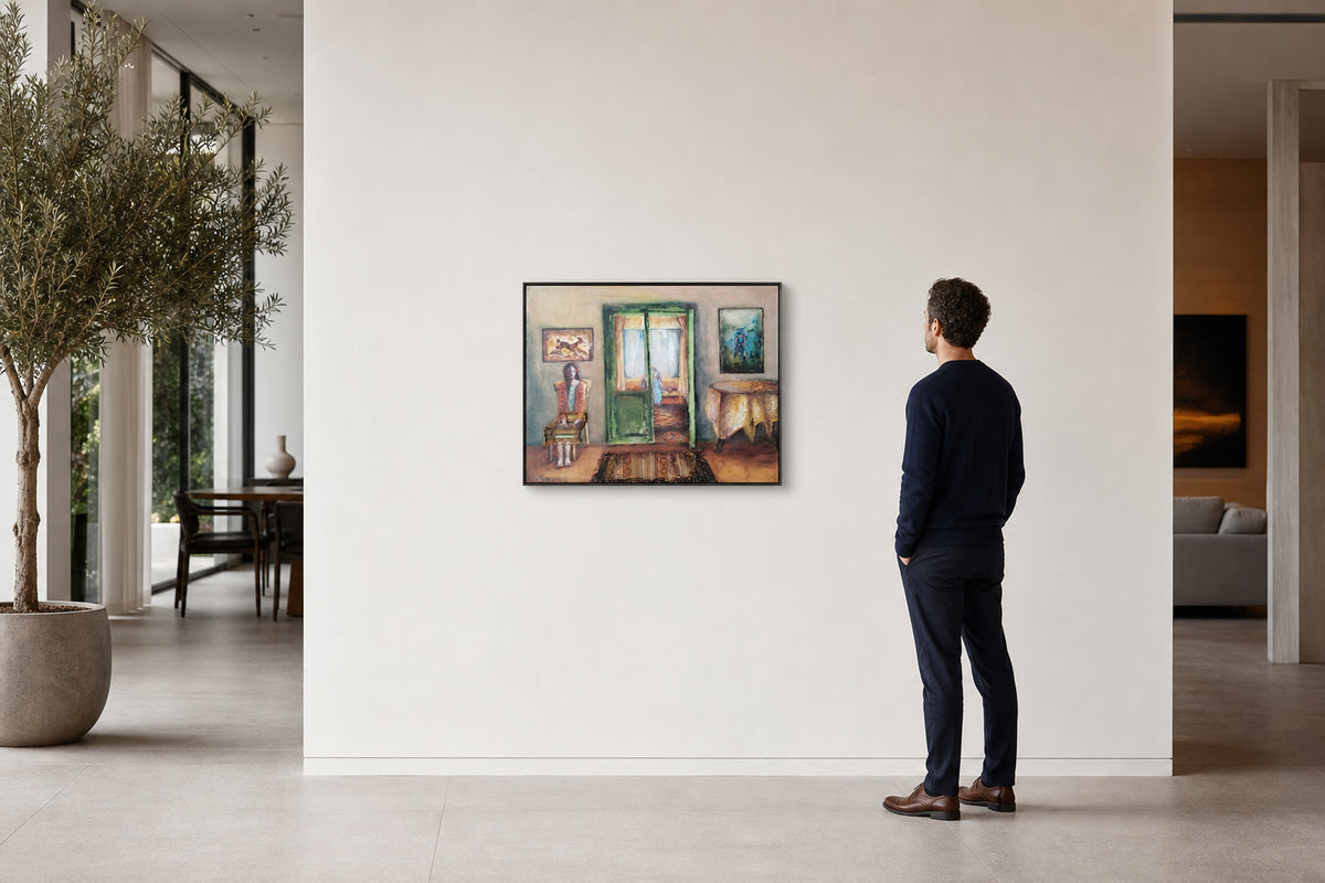 Woman Seated in Warm Interior Room - shown to scale