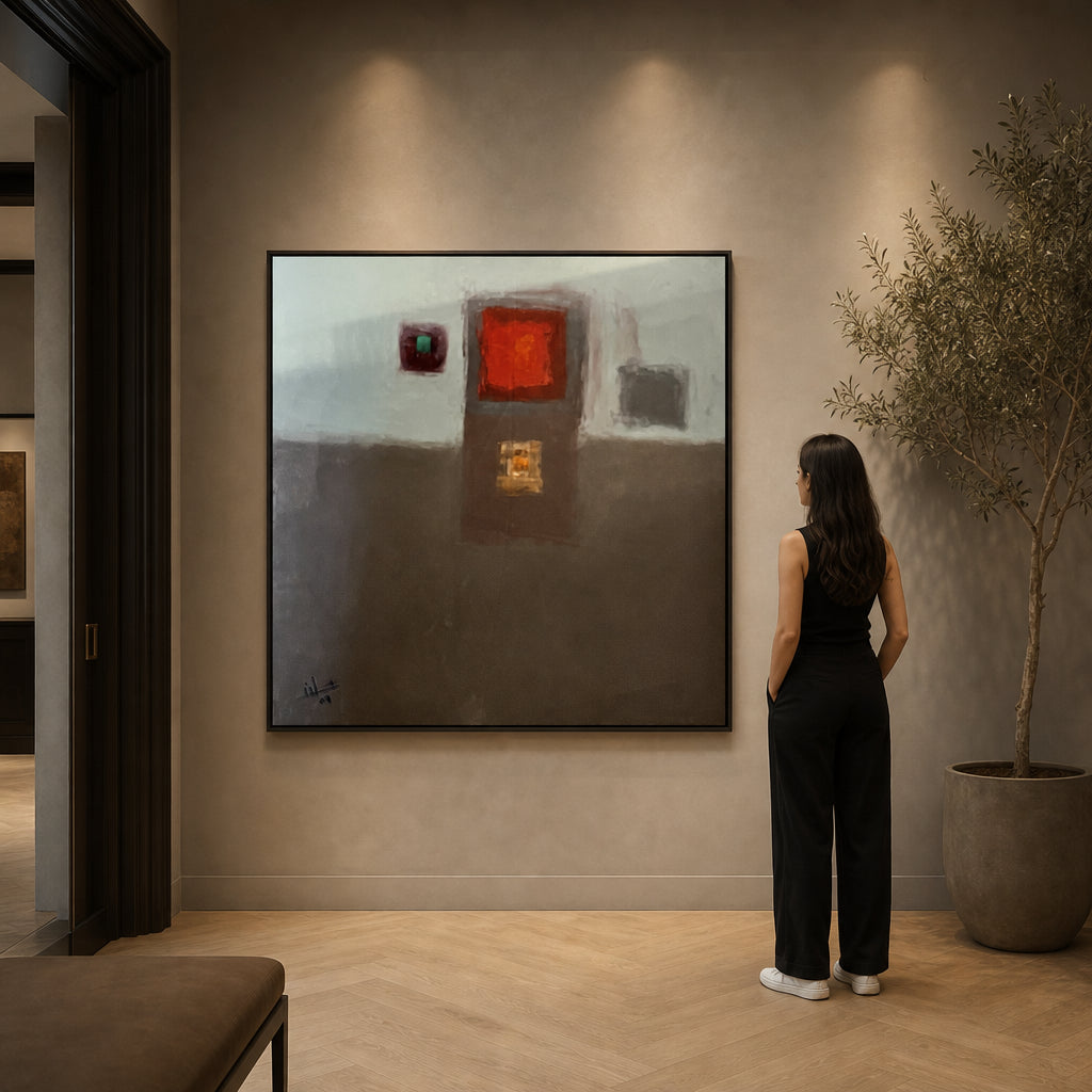 Floating Colored Squares on Grey Ground - shown to scale