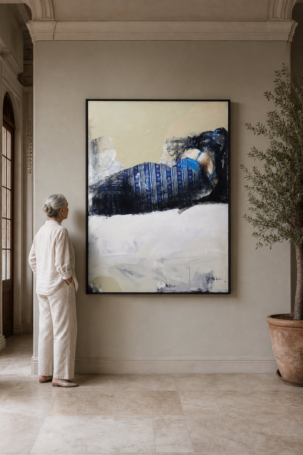 Reclining Figure in Blue Patterned Dress - shown to scale