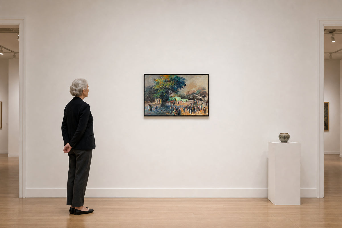 Figures Gathering Beneath Large Trees - shown to scale