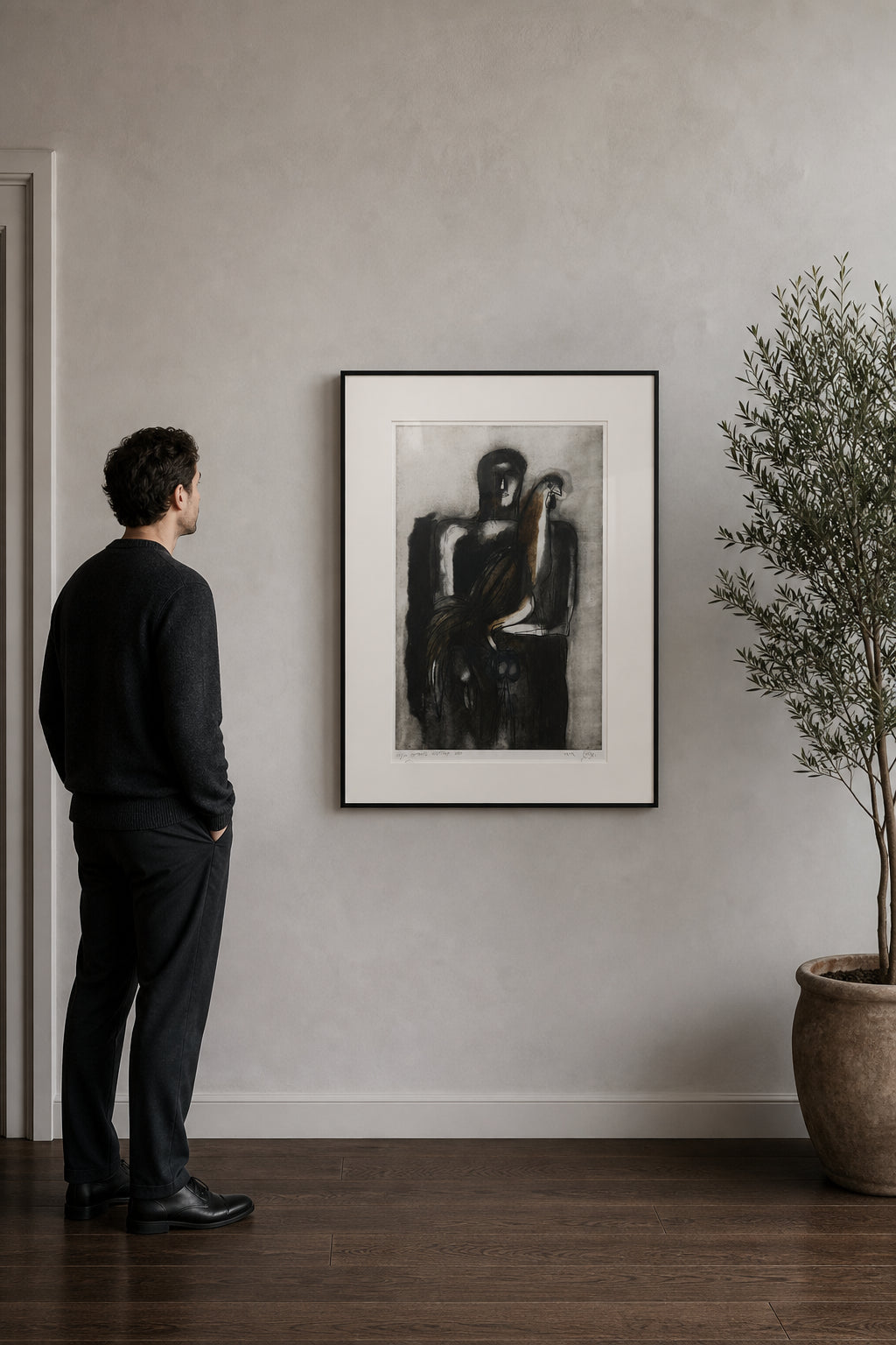 Dark Figure Holding a Bird - shown to scale
