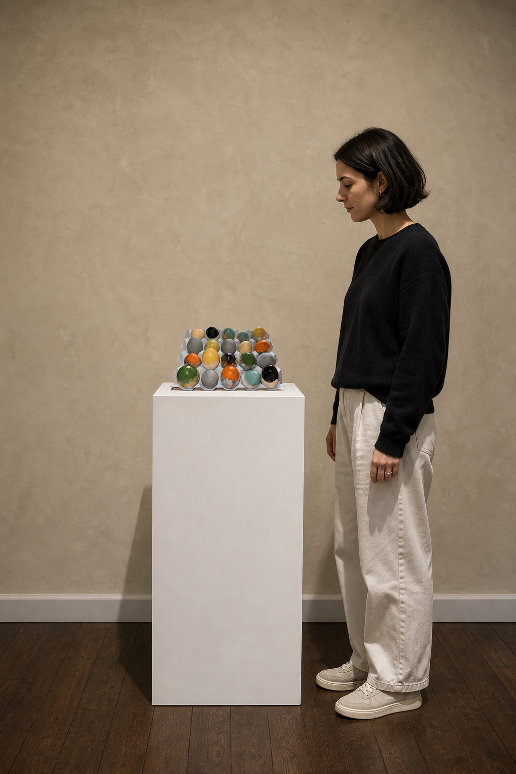 Glazed Ceramic Eggs in Tray - shown to scale