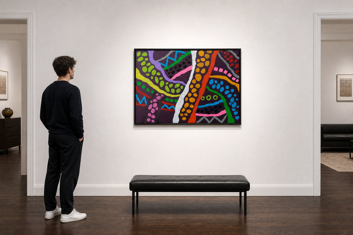 Colorful Abstract Swirling Lines and Dots - shown to scale