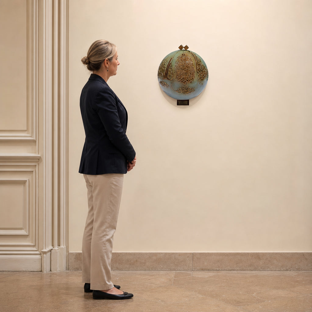 Spherical Ceramic with Arabic Calligraphy Relief - shown to scale