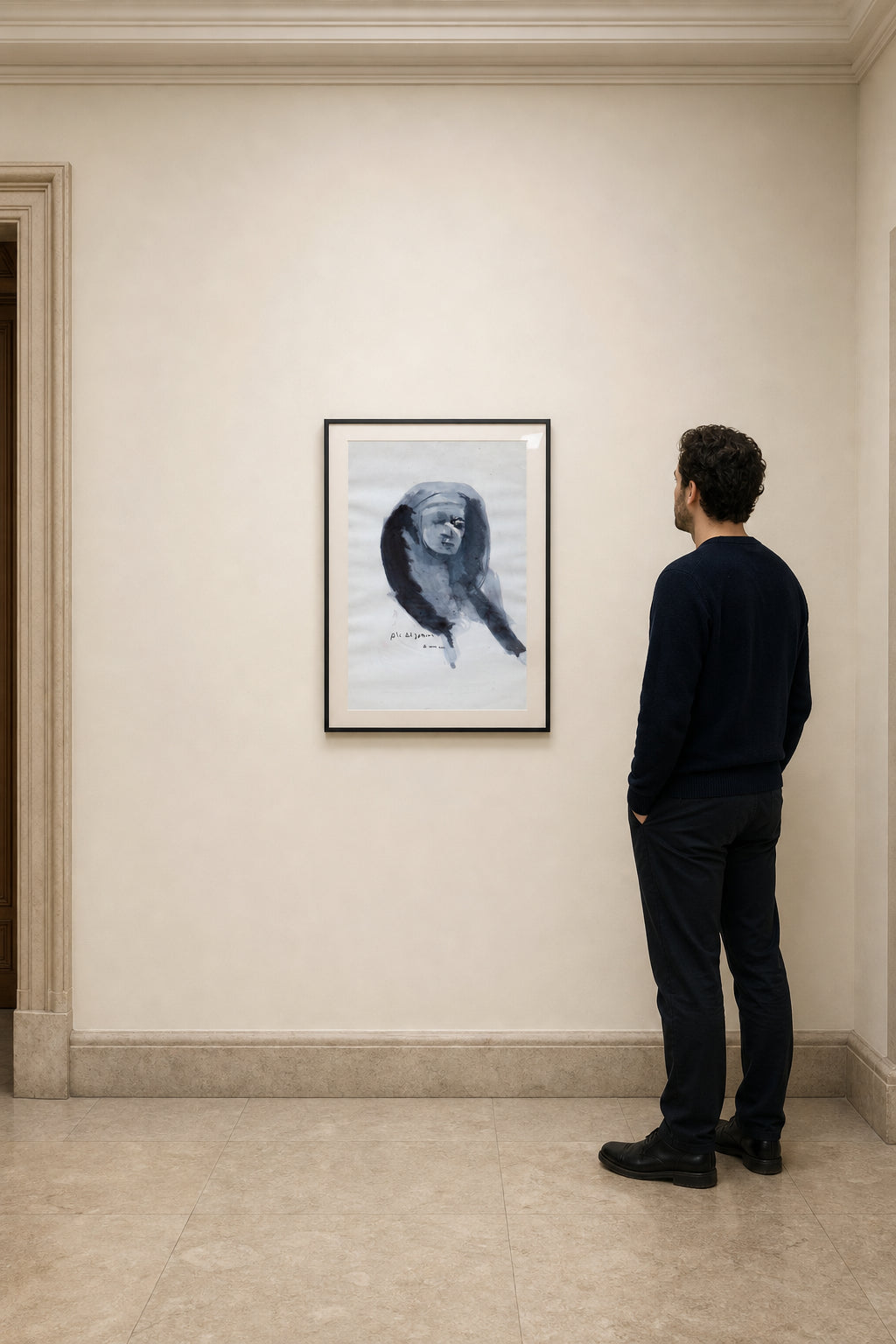 Veiled Woman Portrait in Blue - shown to scale