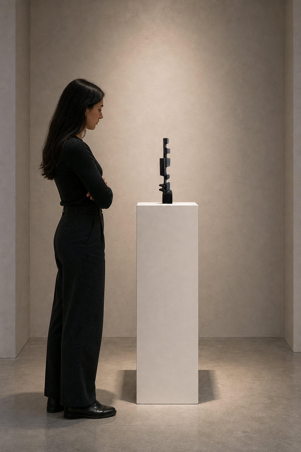 Tall Dark Abstract Totem Sculpture - shown to scale
