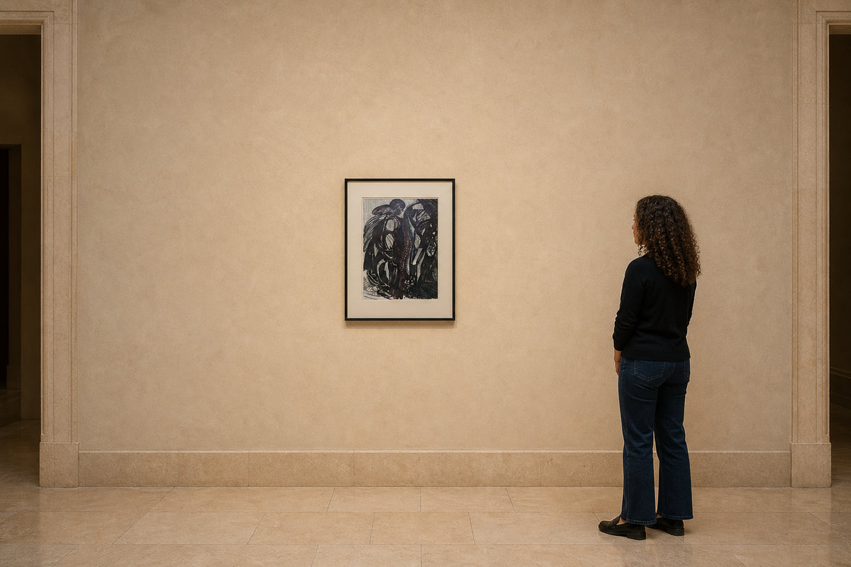 Figures and Bird in Dark Composition - shown to scale