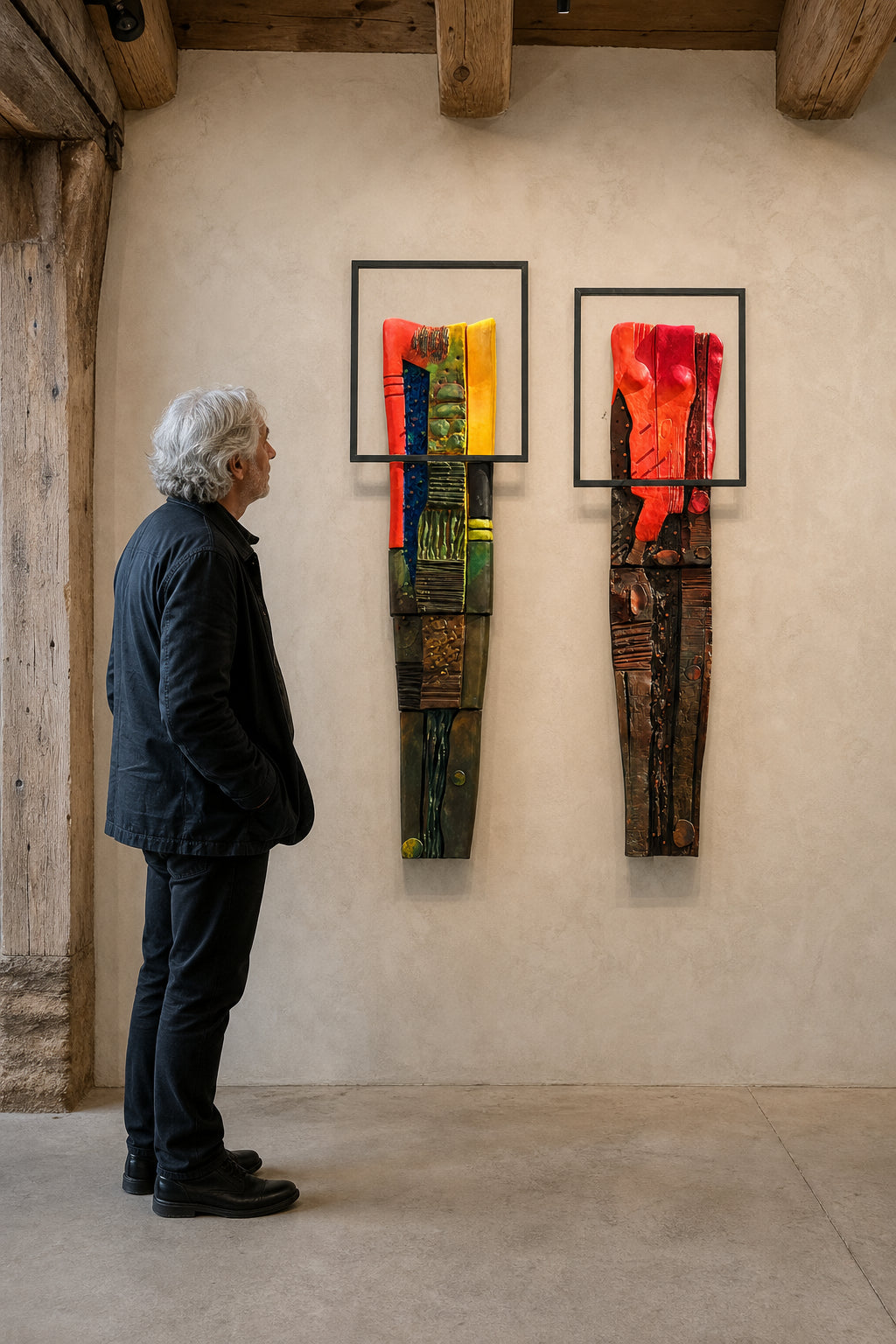 Two Abstract Figure Wall Sculptures - shown to scale