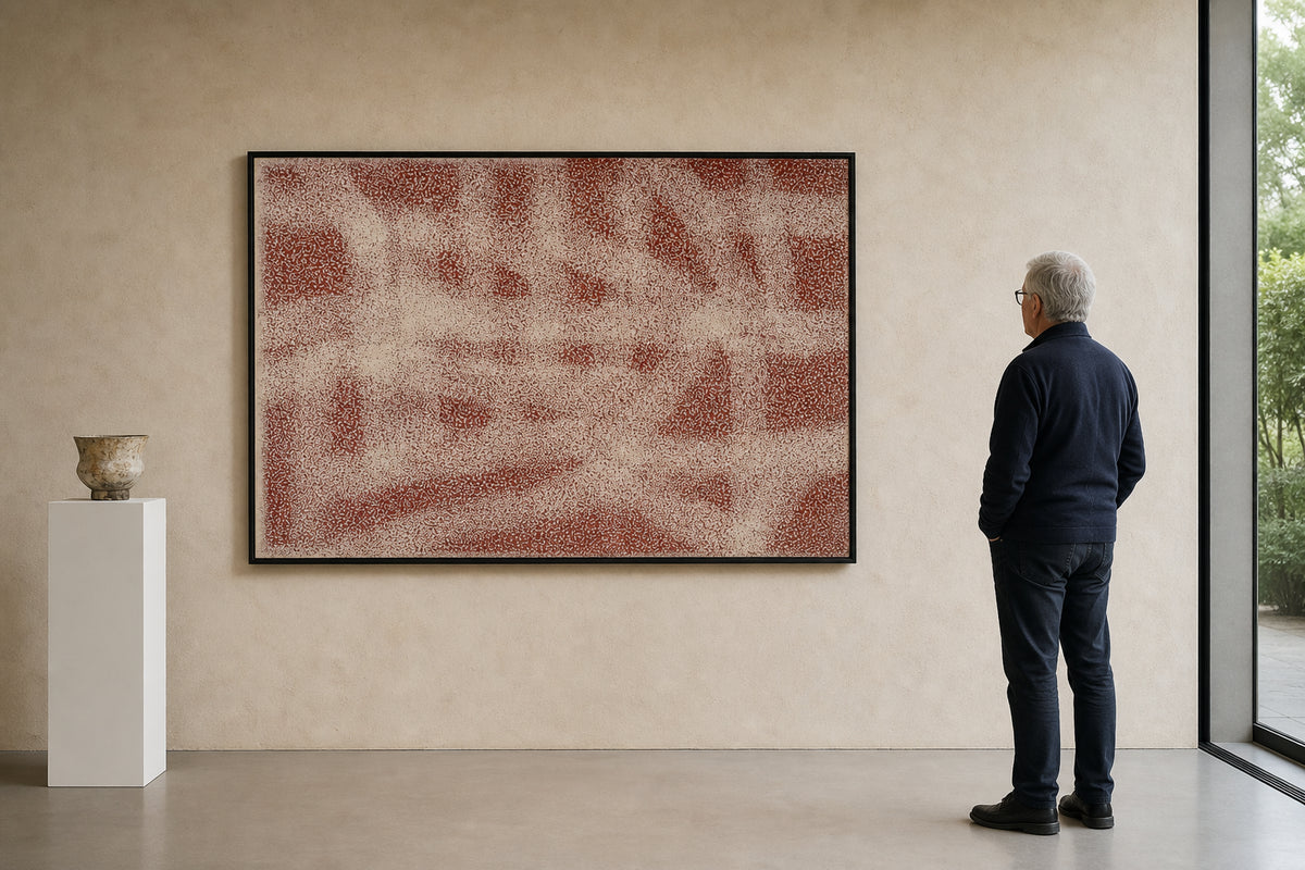Red and White Textured Abstract Field - shown to scale