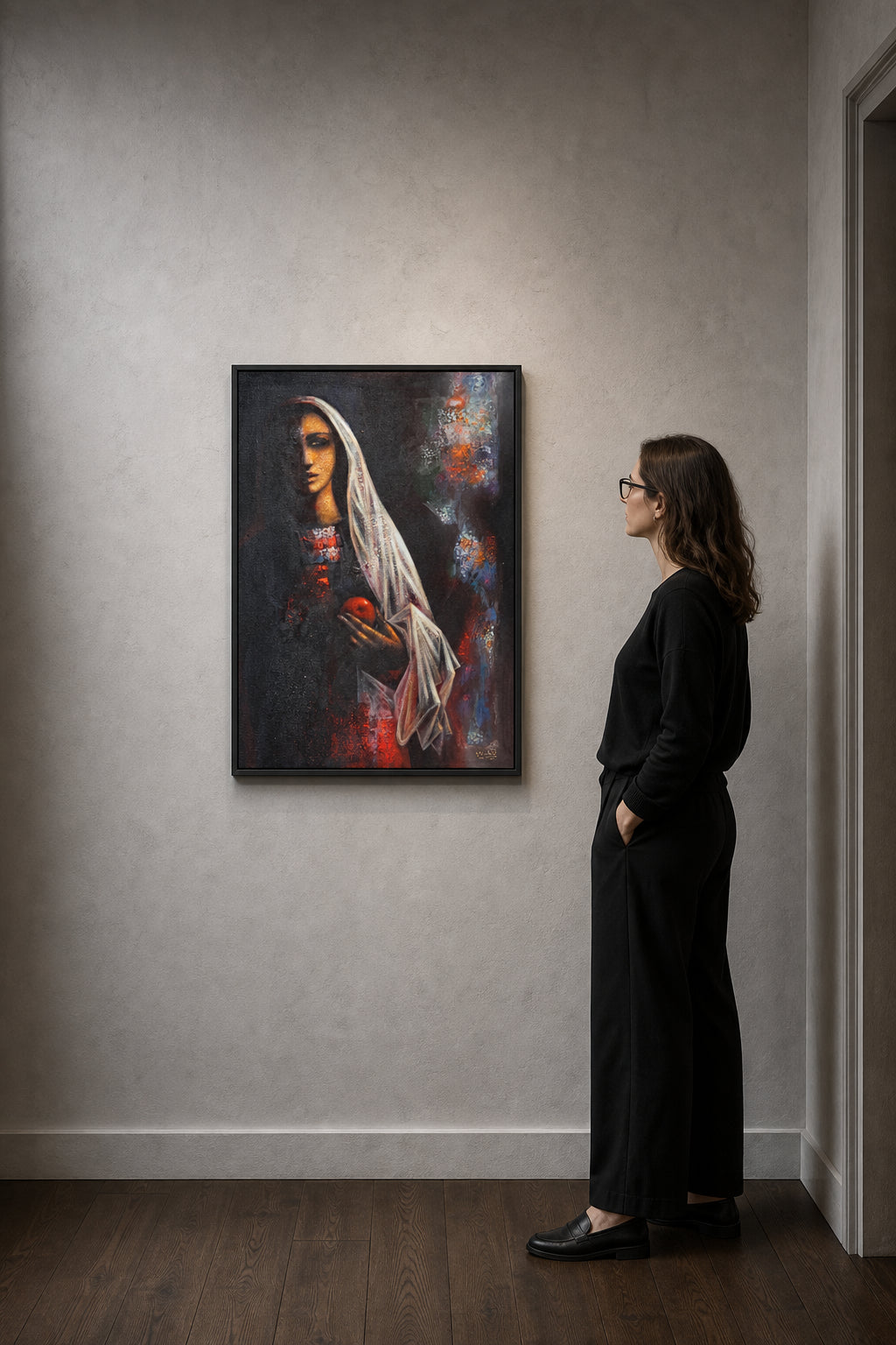 Veiled Woman Holding Red Pomegranate - shown to scale