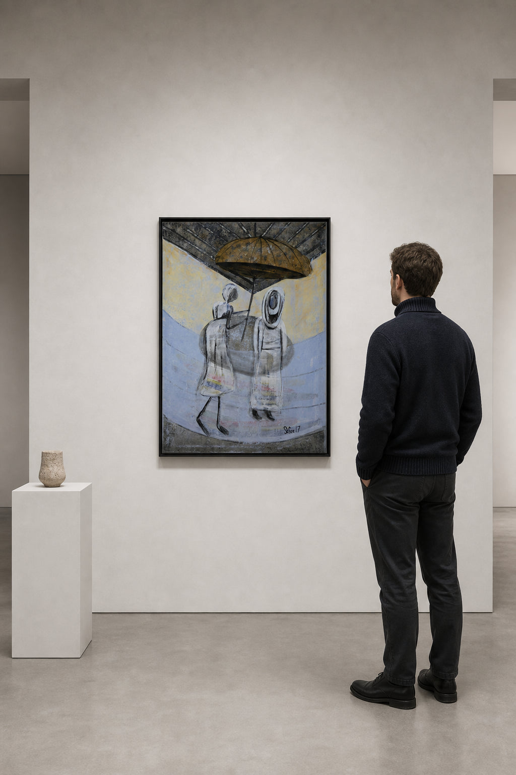 Two Figures Sharing an Umbrella - shown to scale