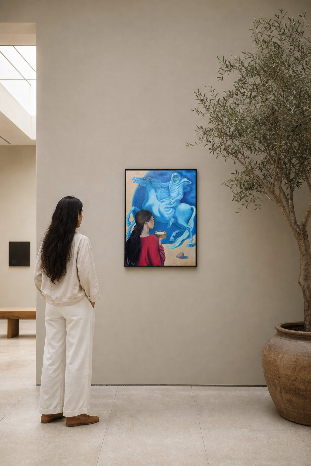 Woman Offering Bowl to Blue Horseman - shown to scale