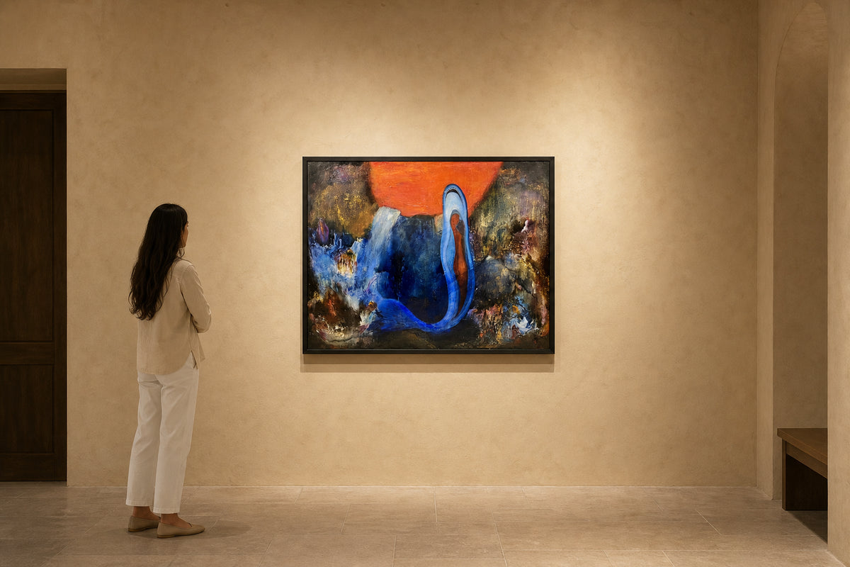 Blue Form Rising Against Orange Sky - shown to scale