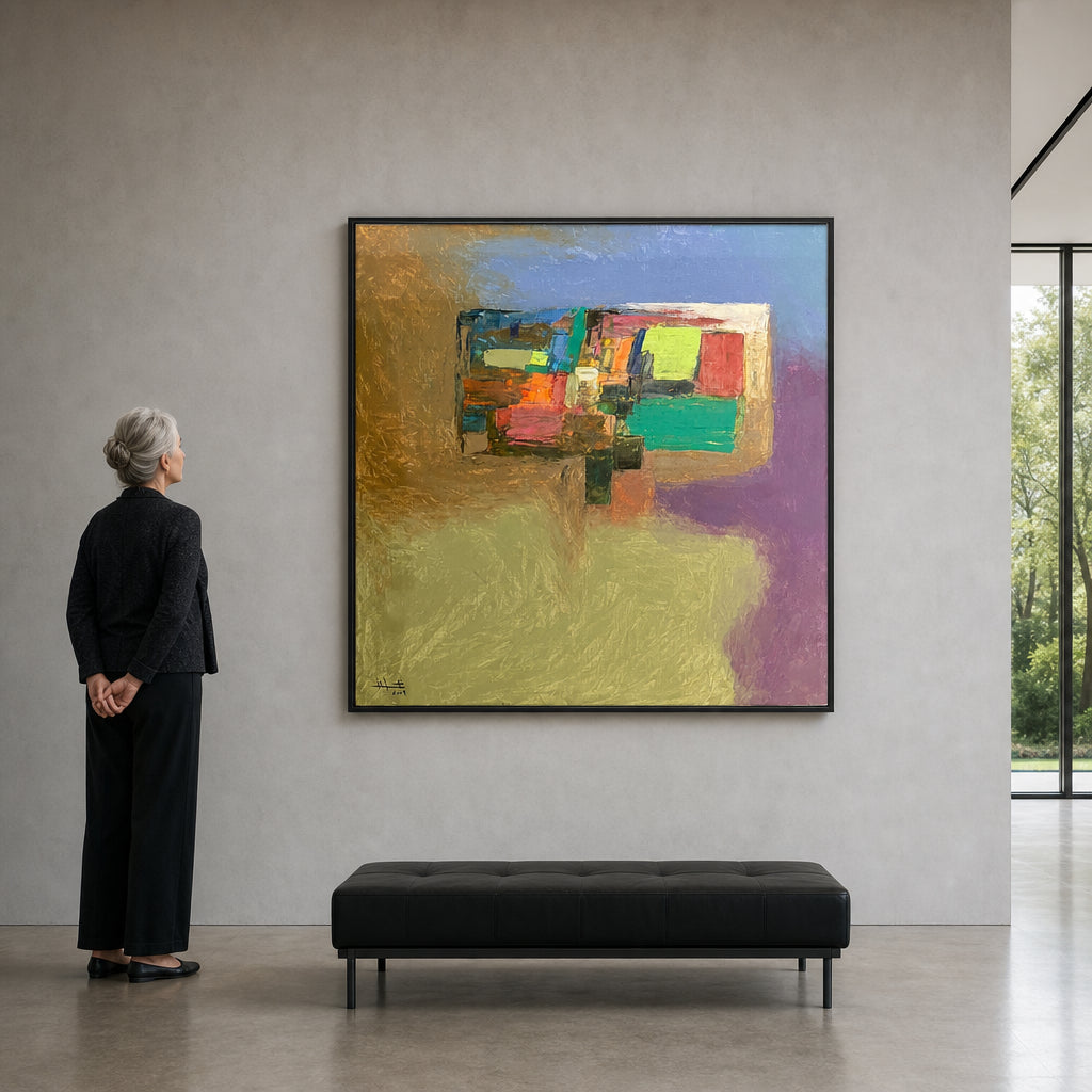 Geometric Color Blocks on Golden Ground - shown to scale