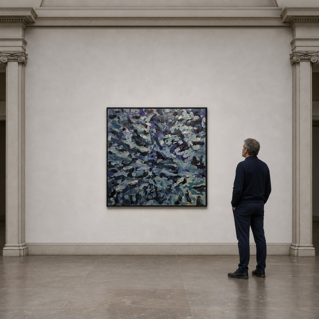 Blue and Black Abstract Swirling Forms - shown to scale
