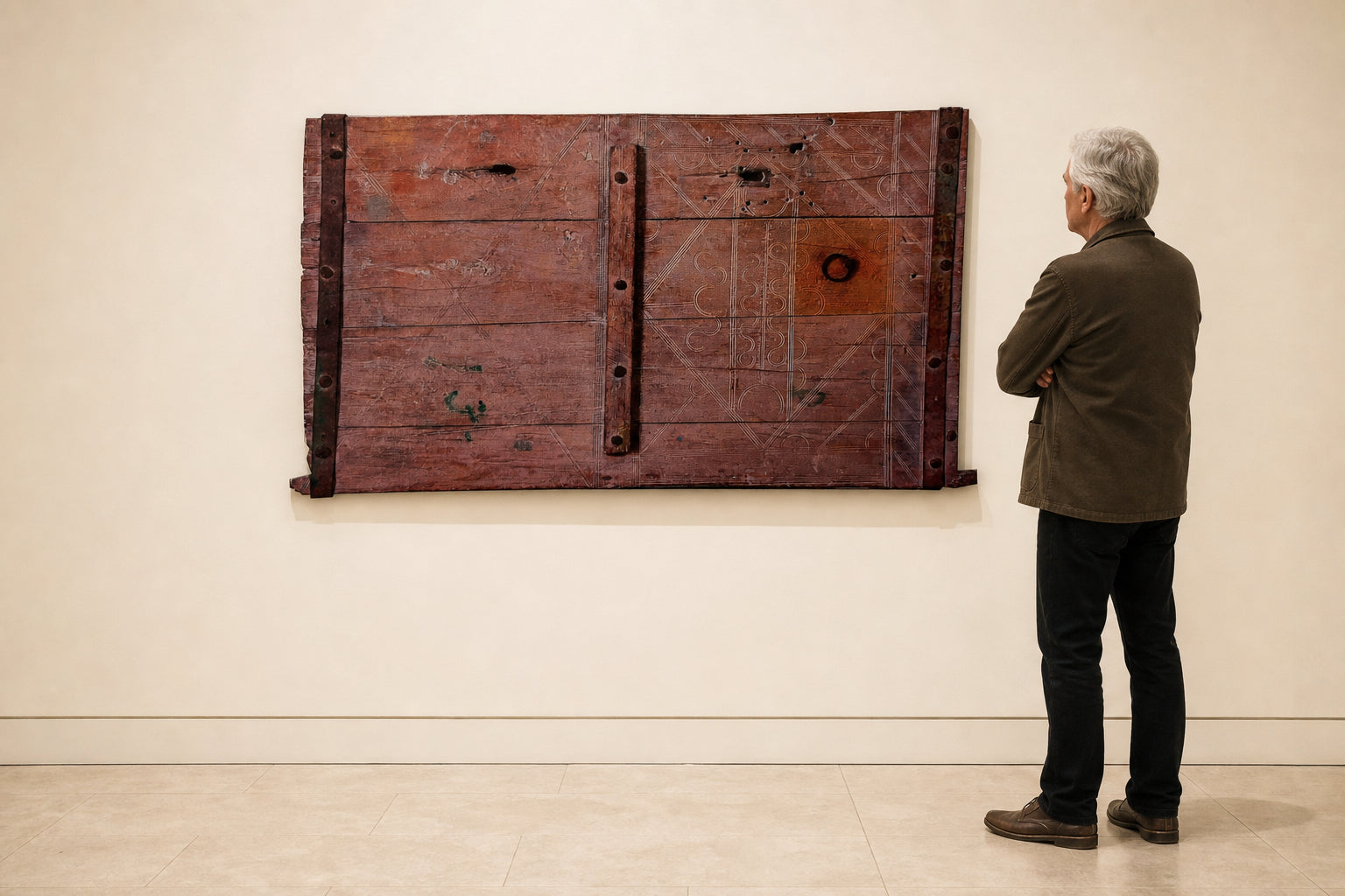 Aged Wooden Door with Geometric Carvings - shown to scale