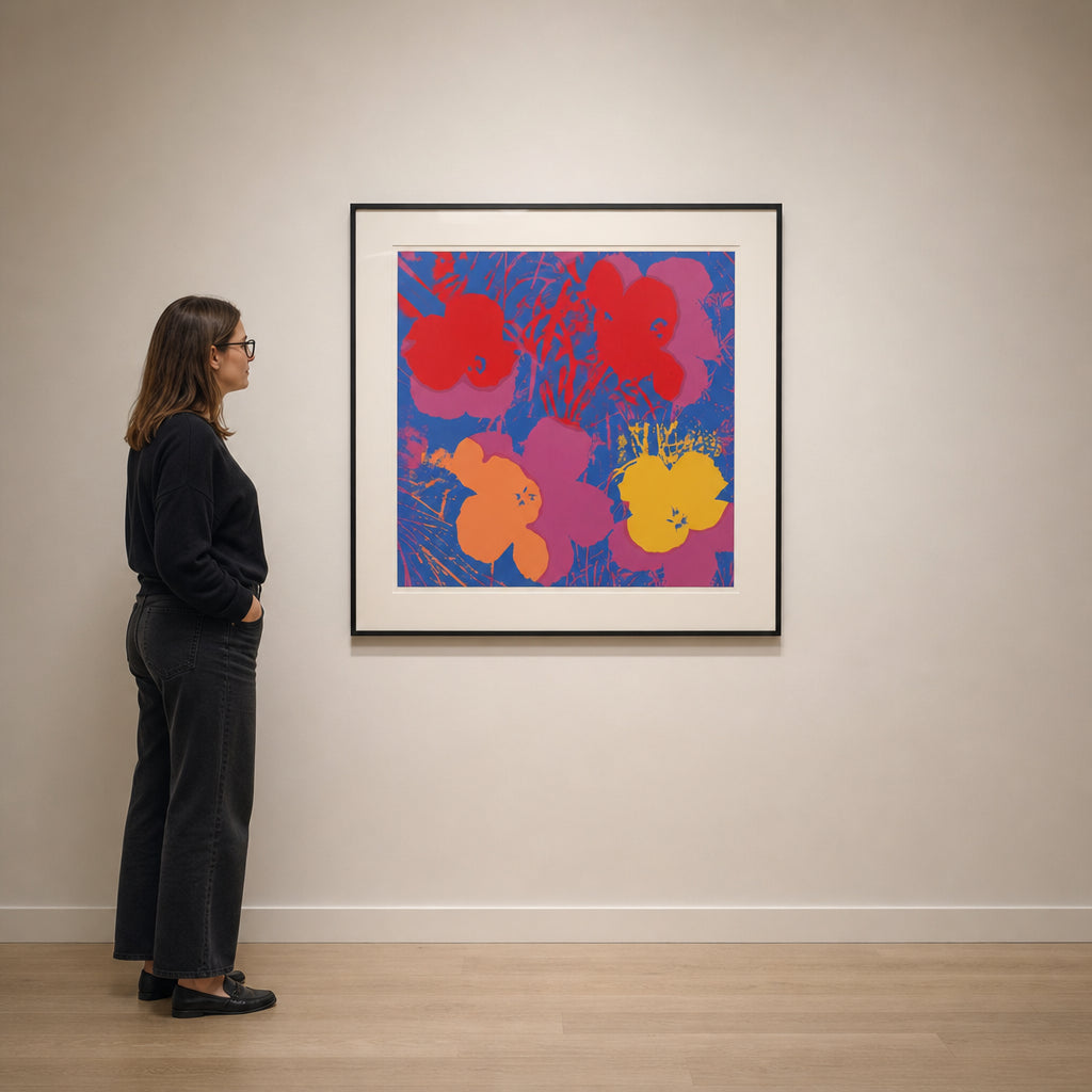 Bright Pop Art Flowers on Blue - shown to scale