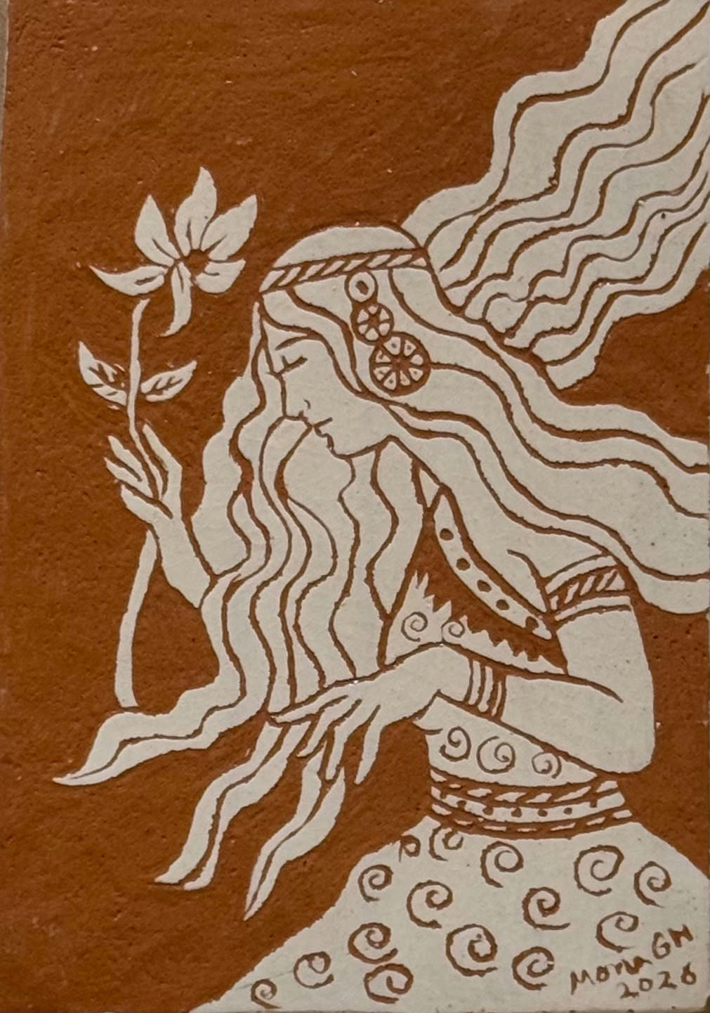 Original Sculptures & Ceramics 'Woman Holding Flower with Flowing Hair' by Mona Ghraib