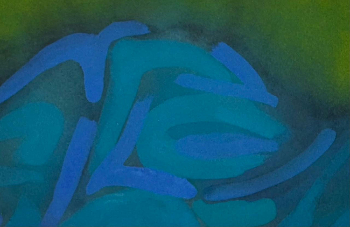 Original Mixed media 'Blue Teal Abstract Forms on Green' by Mohammad Bushnaq