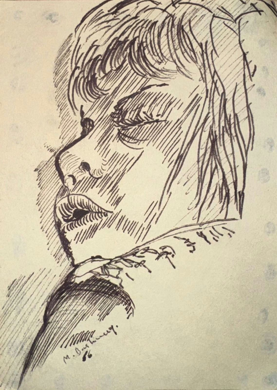 Original Mixed media 'Close-Up Ink Portrait of a Woman' by Mohammad Bushnaq