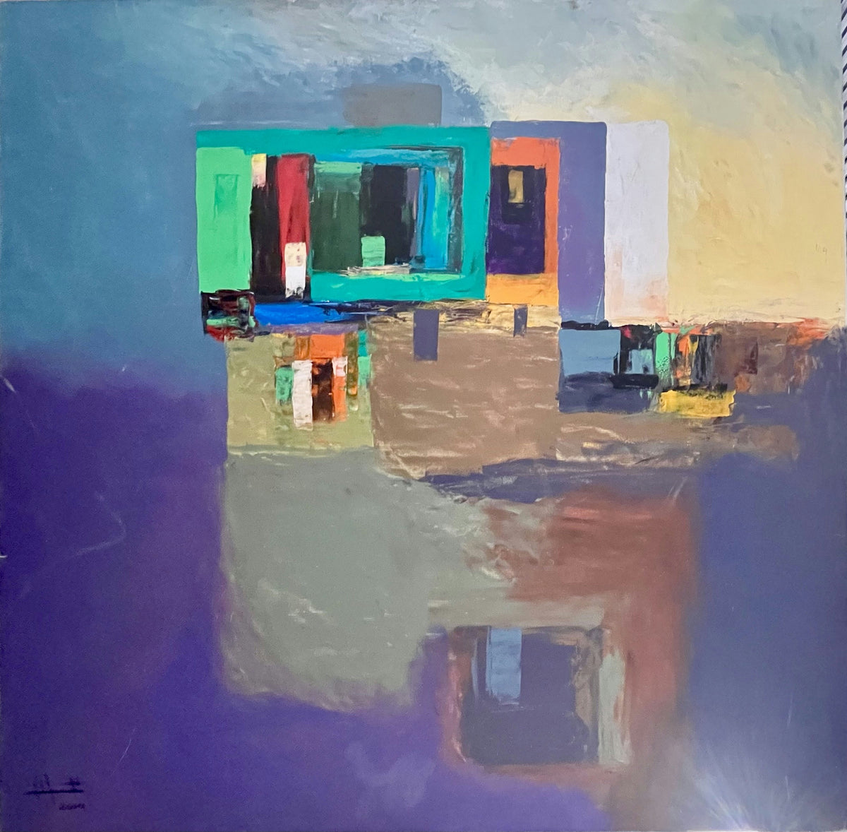 Original Acrylic 'Abstract Geometric Blocks in Blue Purple' by Ghassan Abulaban