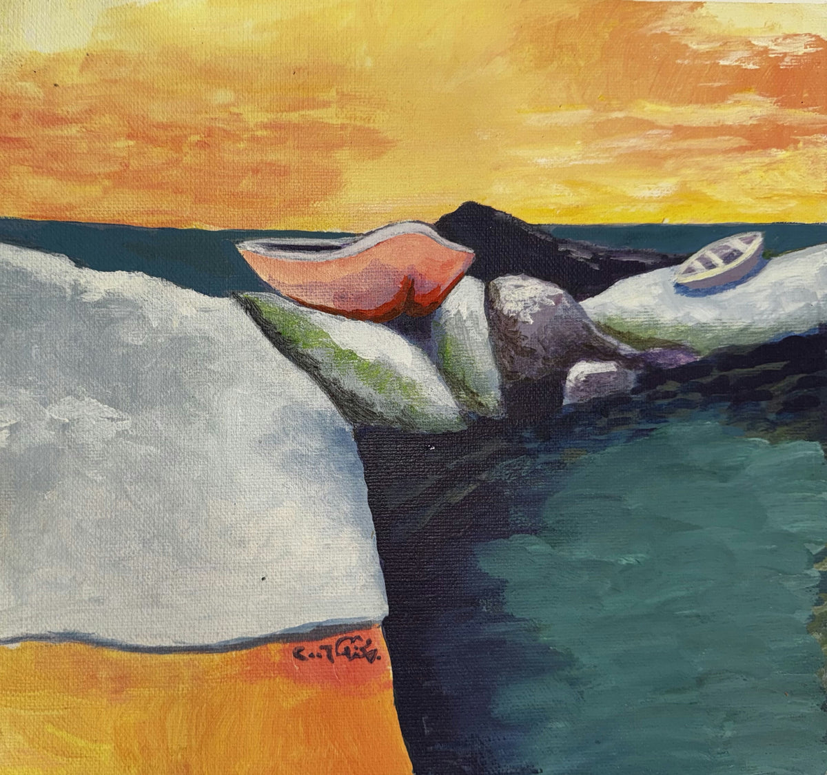 Original Mixed media 'Boats on Rocky Shore at Sunset' by Mohammad Bushnaq