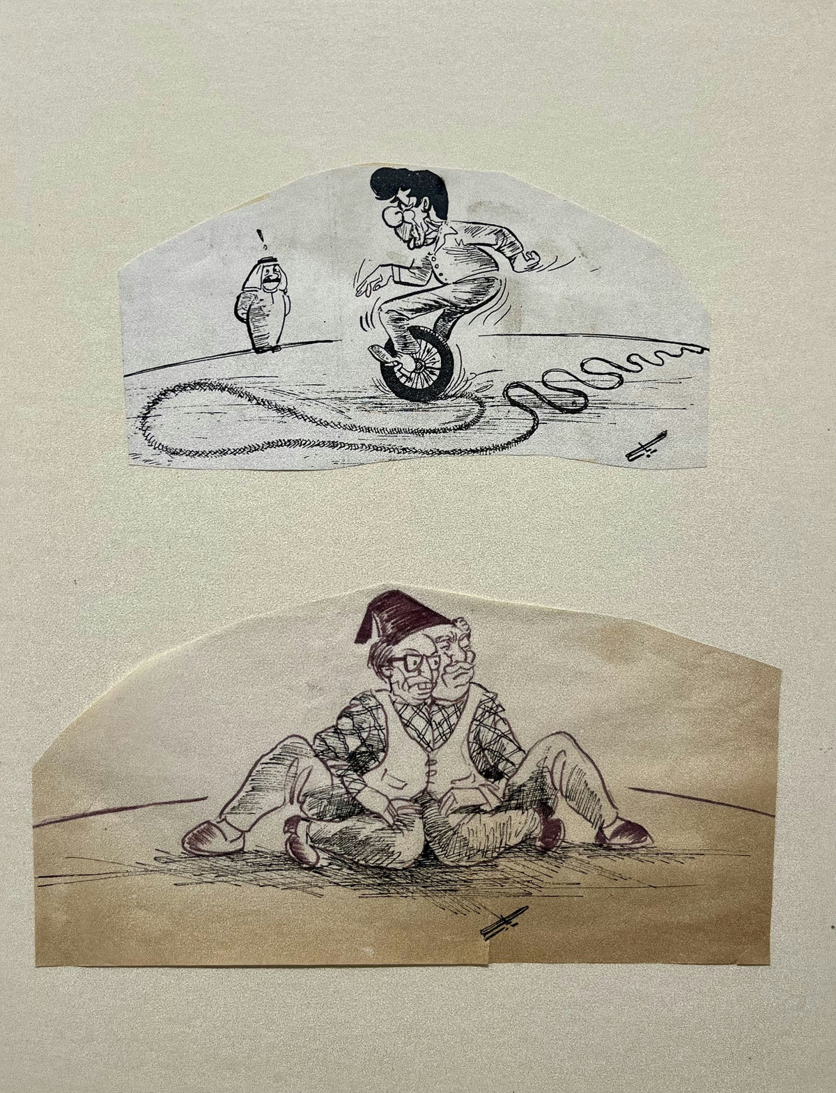 Original Ink & Pencil (Sketches) 'Two Satirical Cartoon Figures on Paper' by Rabah Alsaghir