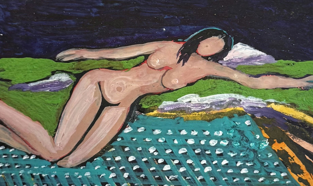 Original Mixed media 'Reclining Nude Figure on Green' by Mohammad Bushnaq