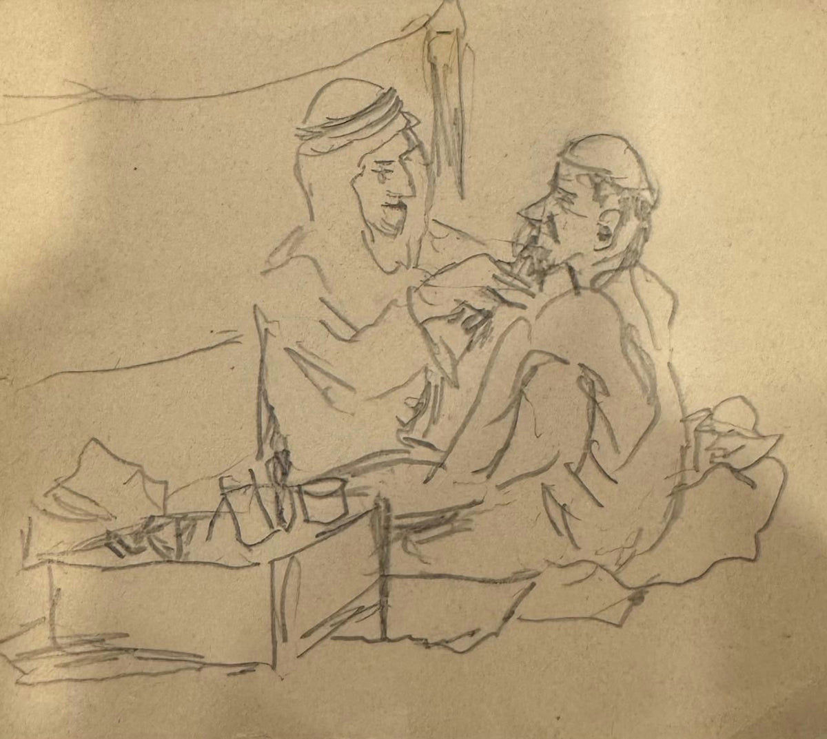 Original Mixed media 'Two Men Sitting in Conversation' by Mohammad Bushnaq