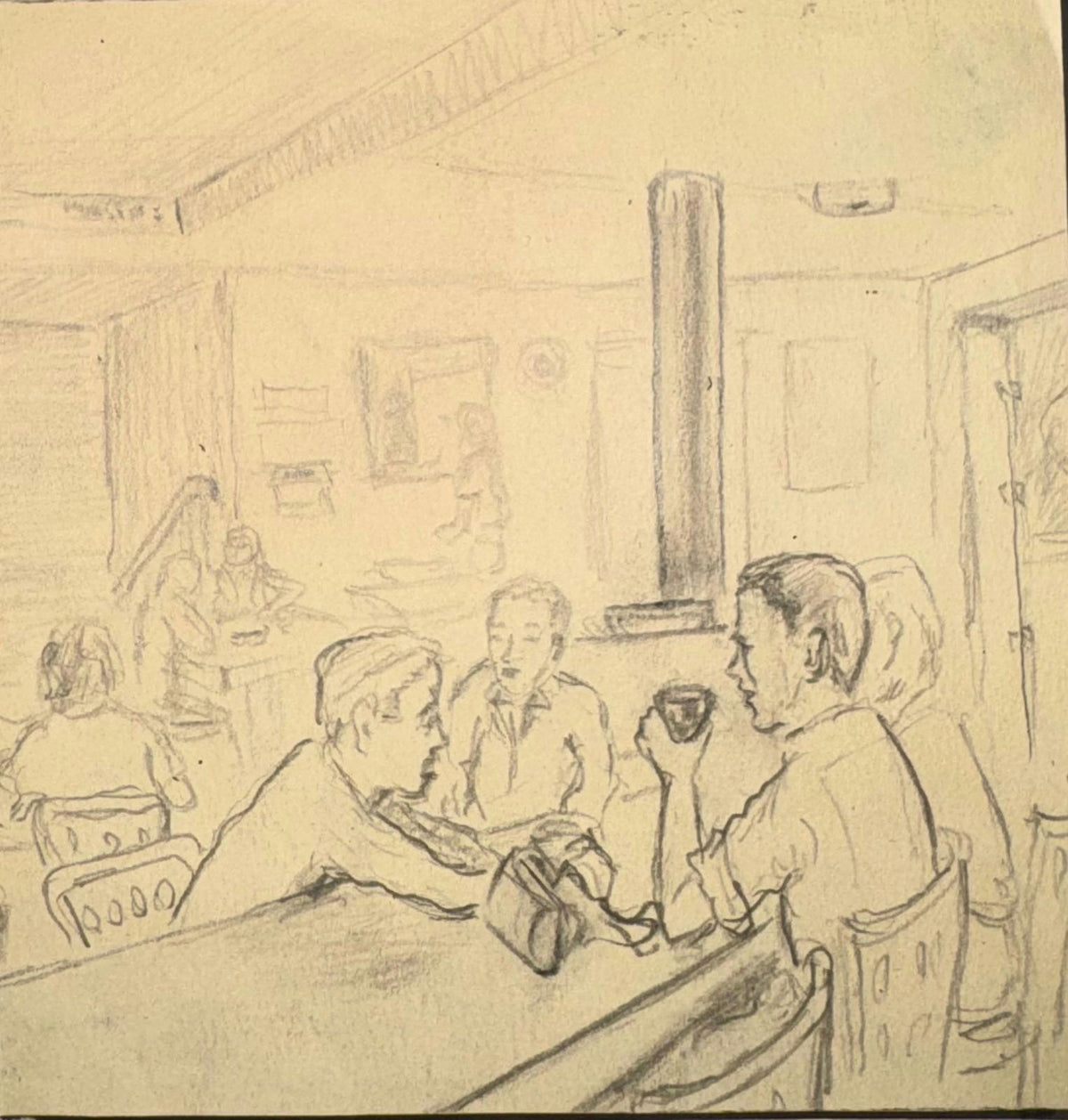 Original Mixed media 'People Sitting at Cafe Table' by Mohammad Bushnaq