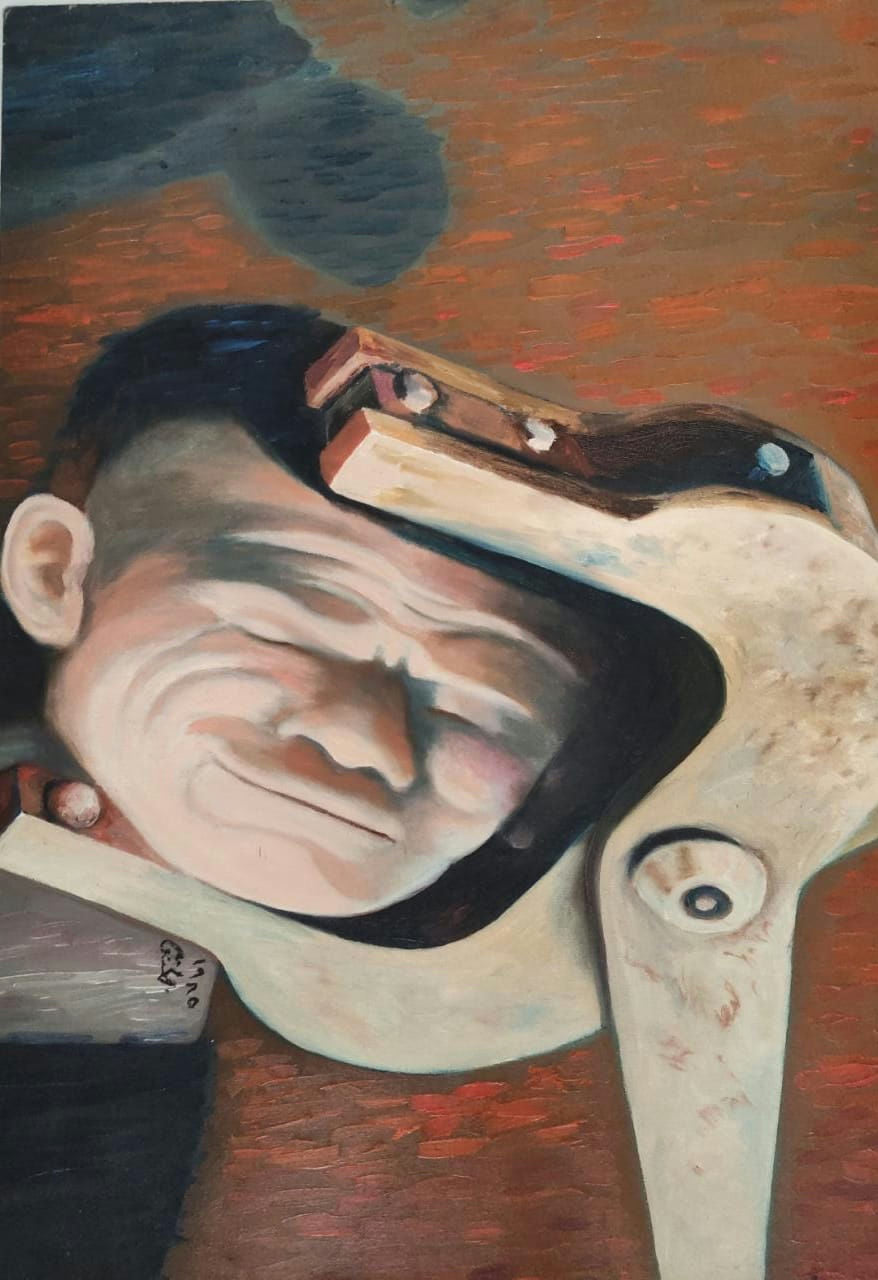 Original Oil 'Human Head Inside Mechanical Frame' by Mohammad Bushnaq