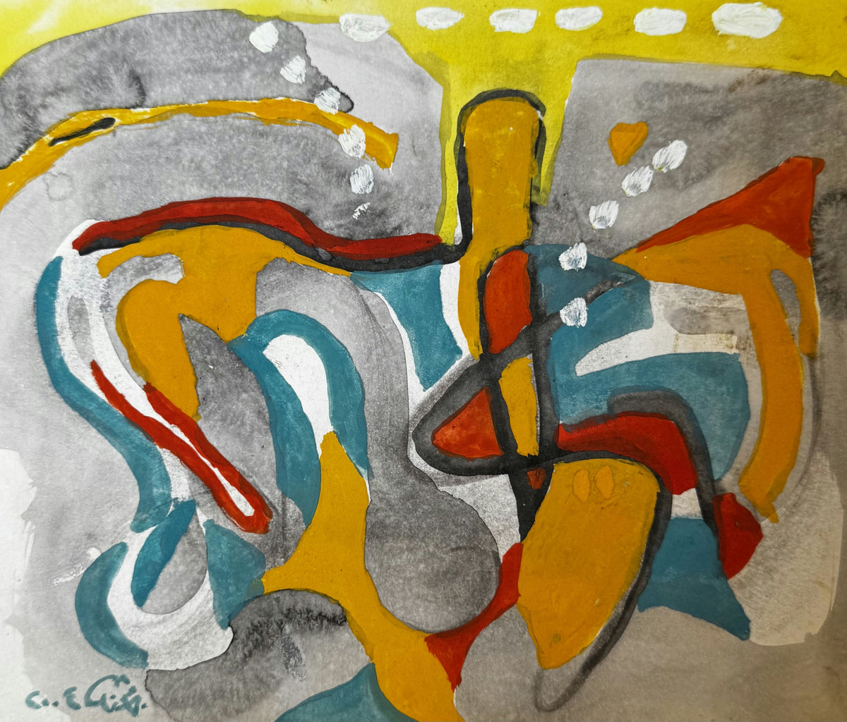 Original Mixed media 'Abstract Figures in Yellow and Grey' by Mohammad Bushnaq