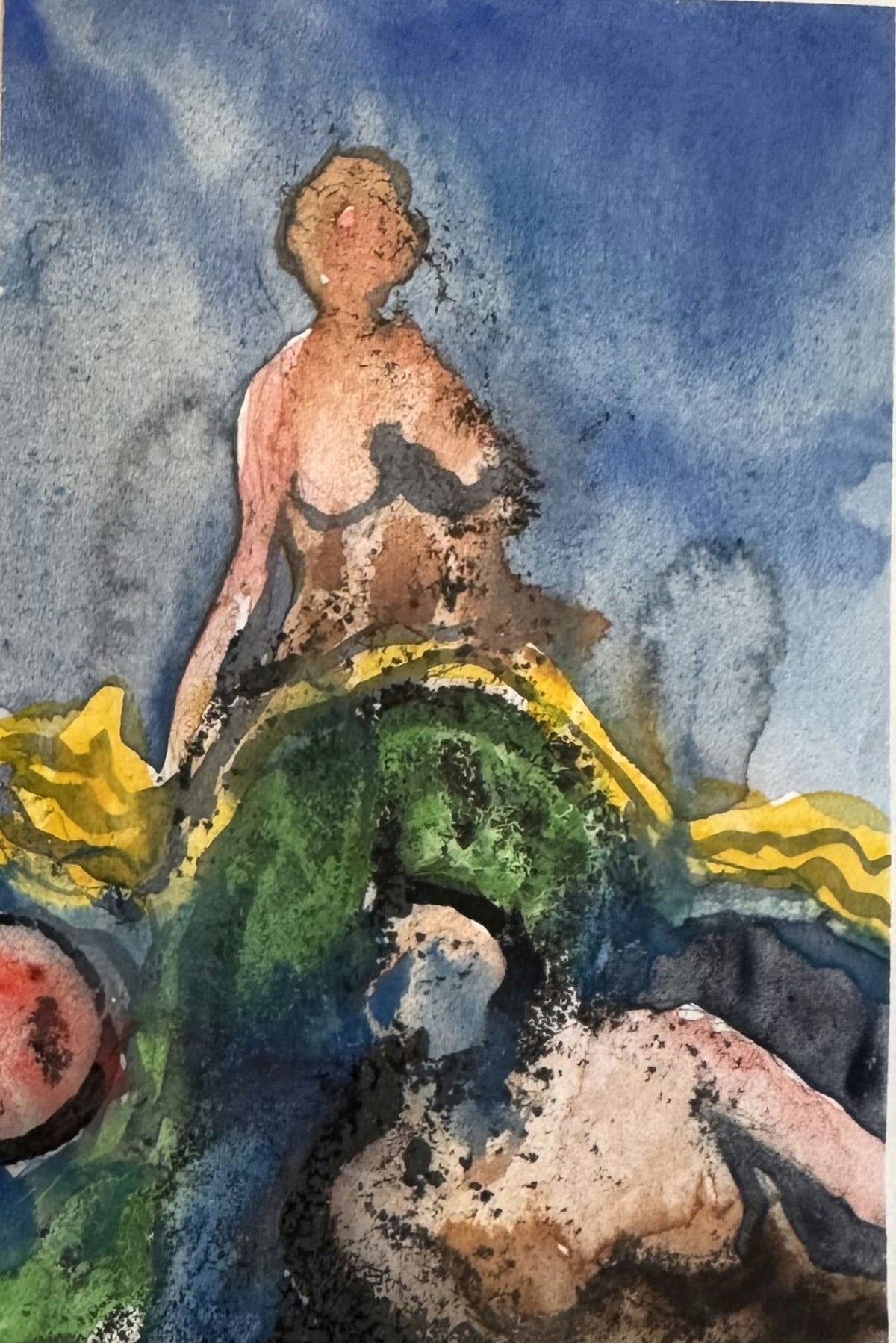Original Mixed media 'Seated Female Figure in Blue' by Mohammad Bushnaq