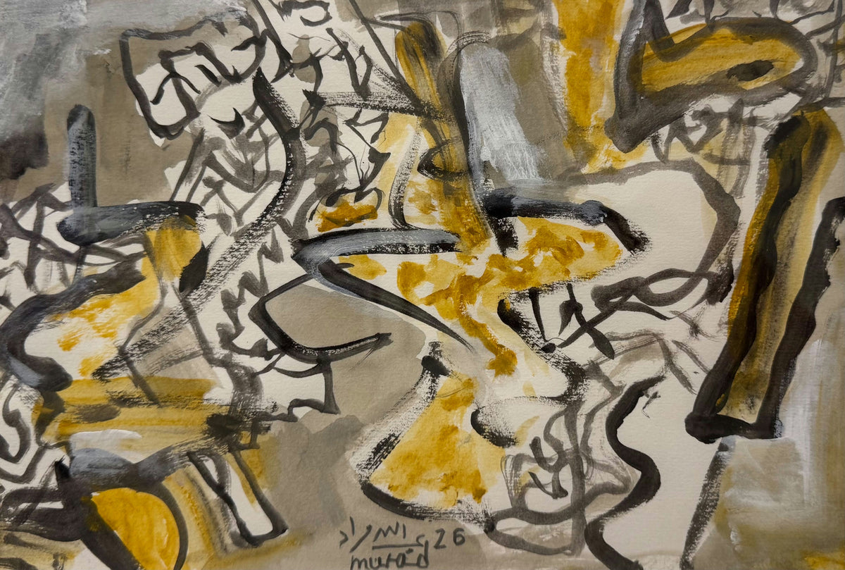 Original Watercolor 'Abstract Black and Yellow Brushwork' by Abdullah Murad